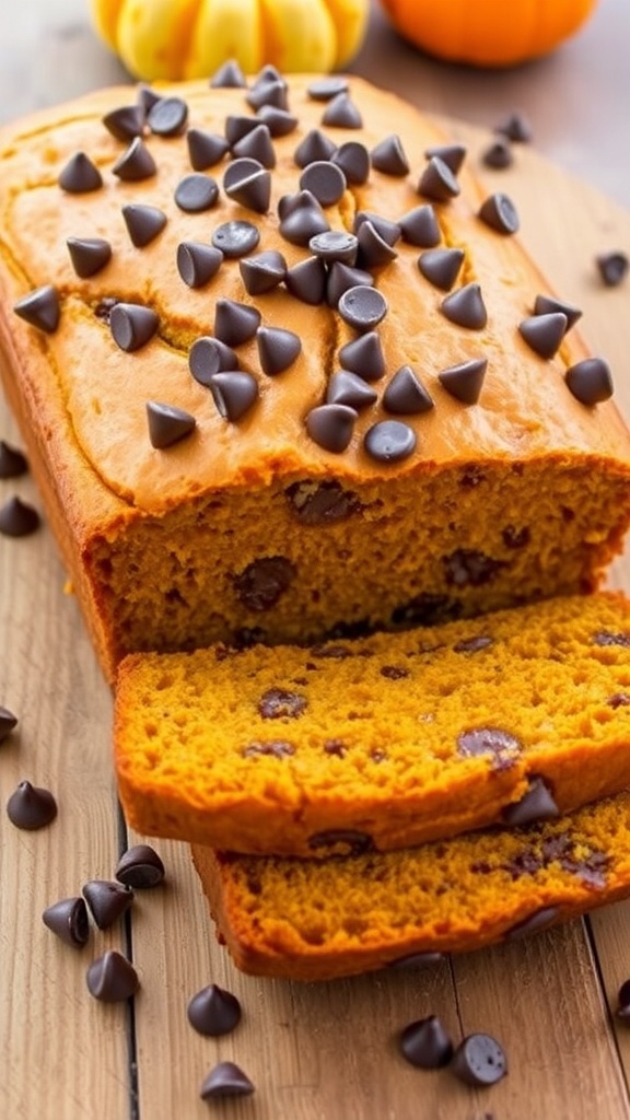 Sliced chocolate chip pumpkin bread on a wooden table with chocolate chips and a pumpkin.
